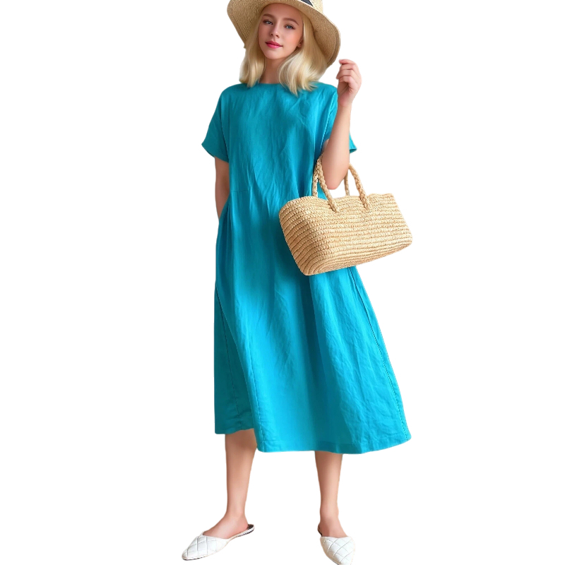 ฤดูร้อนขนาดใหญ่แขนสั้น Flowy Slimming Midi Dress สําหรับผู้หญิงหลวมสบายๆ Solid Classy Dress พร้อมกระเป๋า