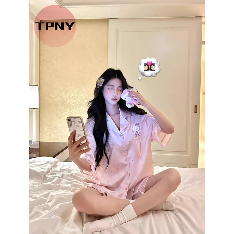 [TPNY]ชุดนอนผ้าไหมน้ำแข็งแขนสั้นลาย Hello Kitty เวอร์ชั่นเกาหลีสำหรับผู้หญิงในช่วงฤดูร้อน