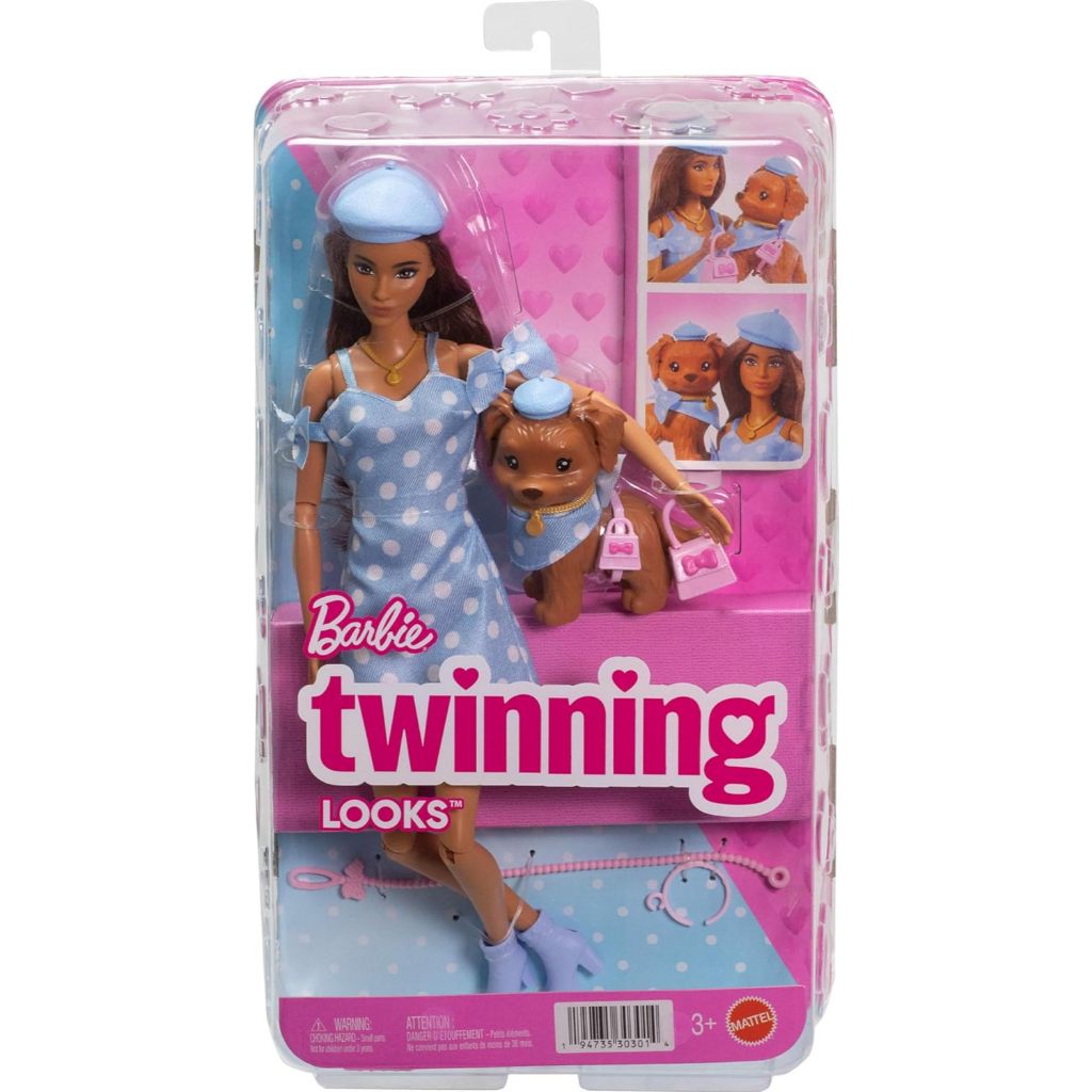 Barbie Twinning Looks Doll with Pet Dog in Matching Blue Polka Dot Clothes and Accessories for Both 