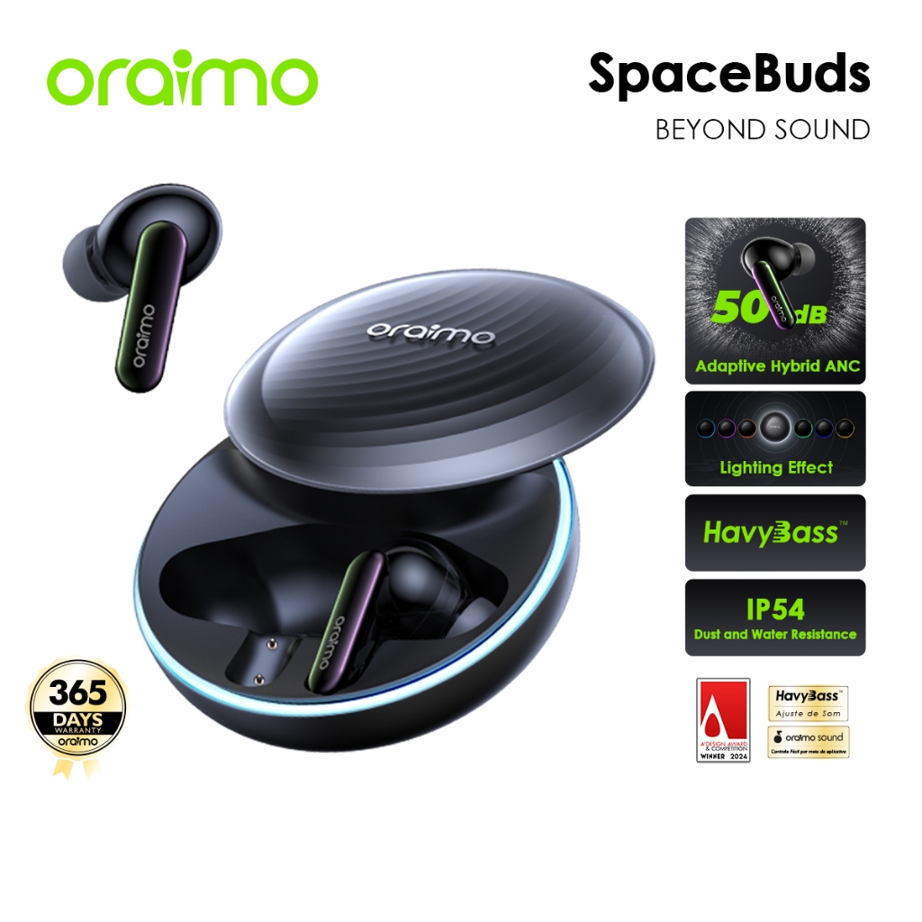 หูฟังไร้สายตัดเสียงรบกวน oraimo SpaceBuds OTW-630 ตัดเสียง Hybrid 50dB เชื่อมต่อไวด้วย Google Pop-up  ระบบเสียงเบส HavyBass™ แตะควบคุมได้ทั่วบริเวณ โหมดสนทนาอัจฉริยะ กันน้ำกันฝุ่น IP54 ไฟปรับแต่งได้ตามสไตล์
