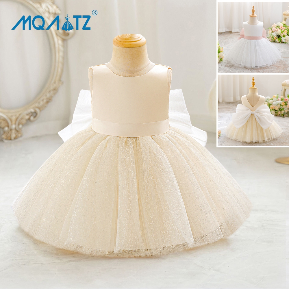Mqatz โบว์ใหญ่ 1st ชุดเด็กผู้หญิงสําหรับเสื้อผ้าเด็กชุดเจ้าหญิงสีขาว Baptism ทารกแรกเกิดวันเกิดชุด Q