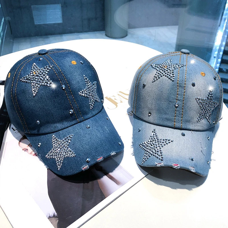 ผู้หญิง Punk Shiny Rhinestone Denim เบสบอลหมวก Hip Hop Star Snapback Peaked หมวก Y2K สาวเกาหลีพ่อ Trucker ครีมกันแดดหมวก