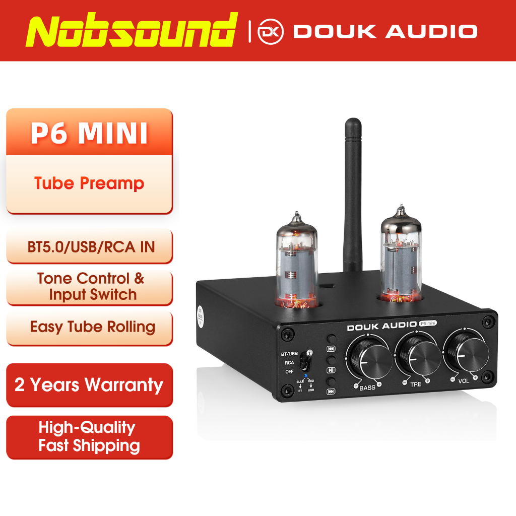 Douk Audio P6 Mini Vacuum Tube Preamp HiFi Bluetooth 5.0 เสียงสเตอริโอ Pre-amplifier เครื่องเล่น USB พร้อมระบบควบคุมเสียงเบสแบบเสียงแหลม