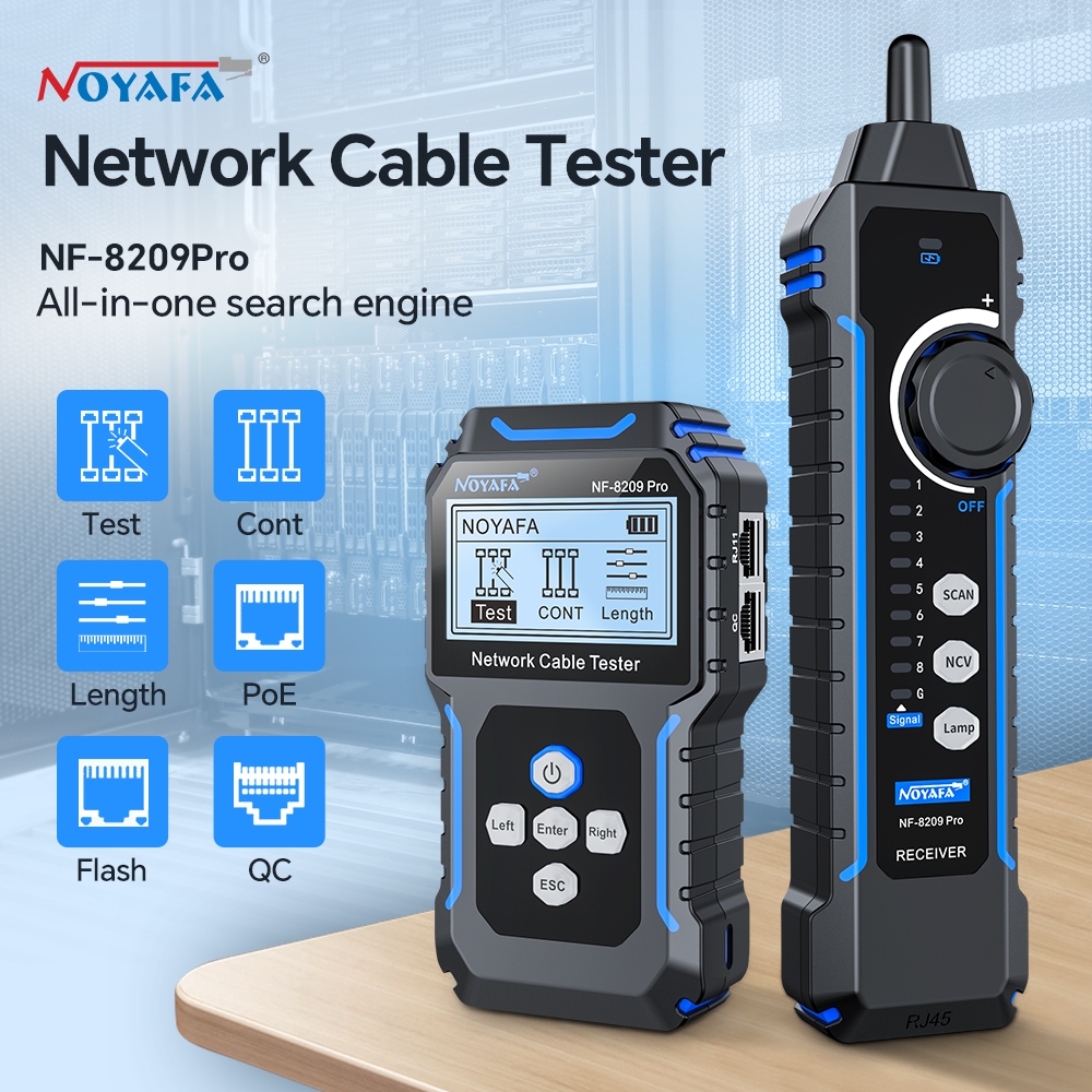 NOYAFA NF-8209Pro เครื่องทดสอบสายเคเบิลเครือข่ายตัวติดตามสายเคเบิล Cat5 Cat6 PoE เครื่องทดสอบความยาวความต่อเนื่อง NCV