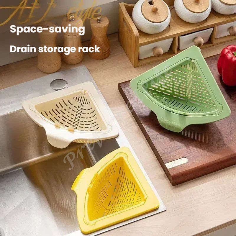 ตะกร้ากรองน้ำอ่างล้างจานทรงสามเหลี่ยม ชั้นวางท่อระบายน้ำอเนกประสงค์ในครัว