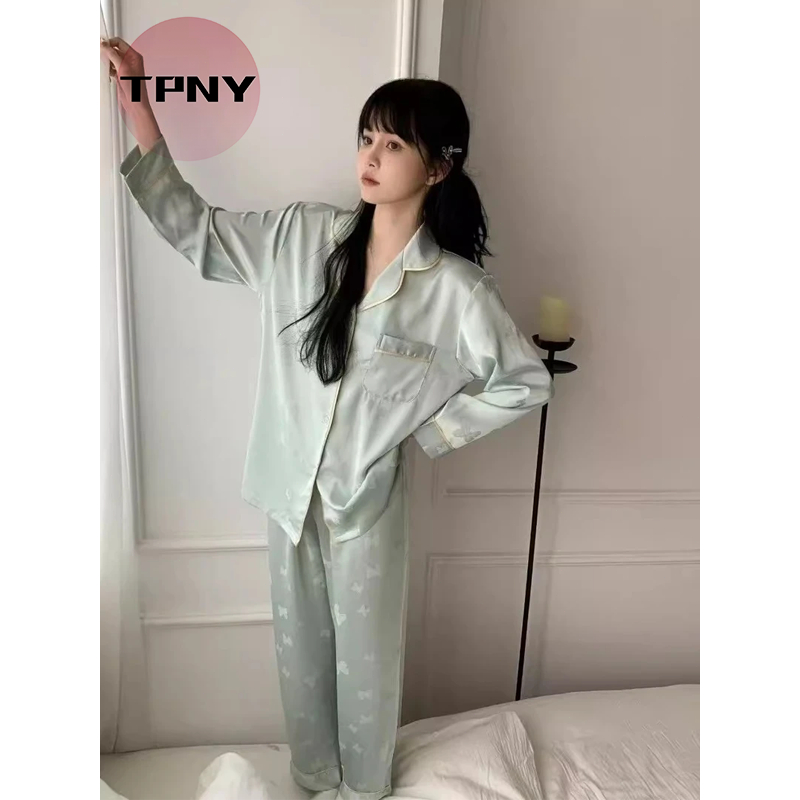 [TPNY] FASHION LOUNGEWEARชุดนอนผ้าไหมน้ำแข็งพิมพ์ลายสวยงามสำหรับฤดูร้อน กางเกงขายากับเสื้อแขนยาว