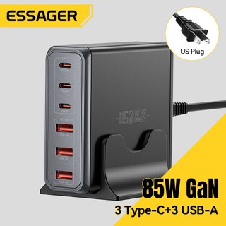 Essager GaN 85W 3 Type-C + 3 USB-A Desktop Charger Quick Charge QC4.0 PD3.0 USB C Type C USB Fast Charging สําหรับโทรศัพท์มือถือแล็ปท็อป