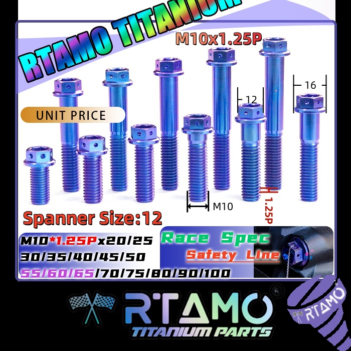 RTAMO Titanium Gr5 1.25P M10(#14) 20-100L 16D Drilled Race Head Drilled Safty Wire Fit Brembo M4.32 