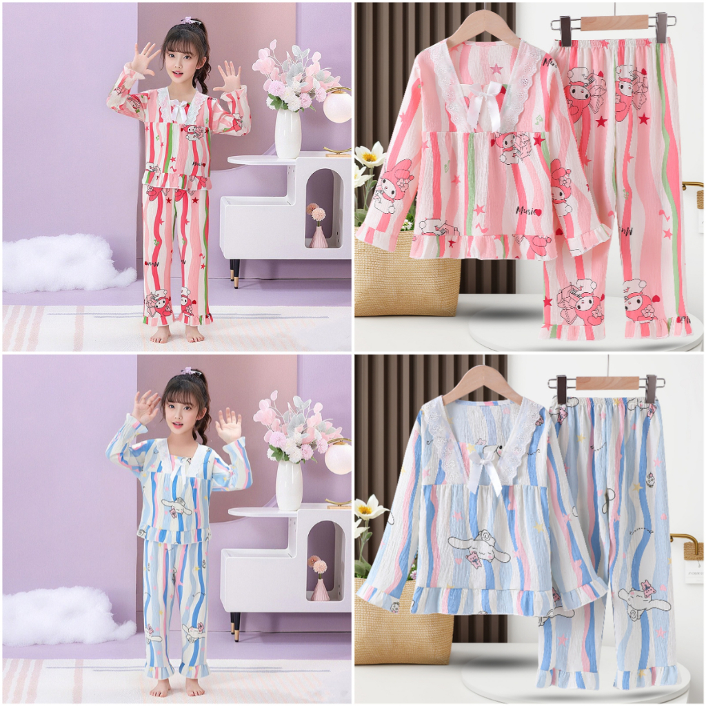 Eid Mubarak ชุดเด็ก Teen แขนยาวลูกไม้คอน่ารัก Kuromi & Melody ชุดนอนเด็กผู้หญิง