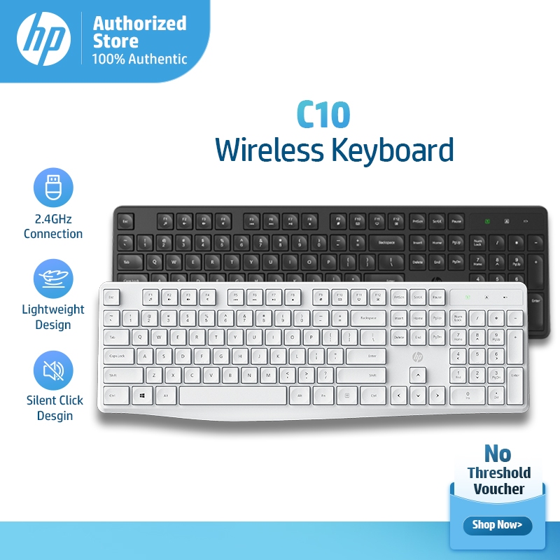 HP C10 คีย์บอร์ดไร้สาย 2.4GHz USB คีย์บอร์ดเงียบคีย์บอร์ดโปรไฟล์ต่ําสําหรับแล็ปท