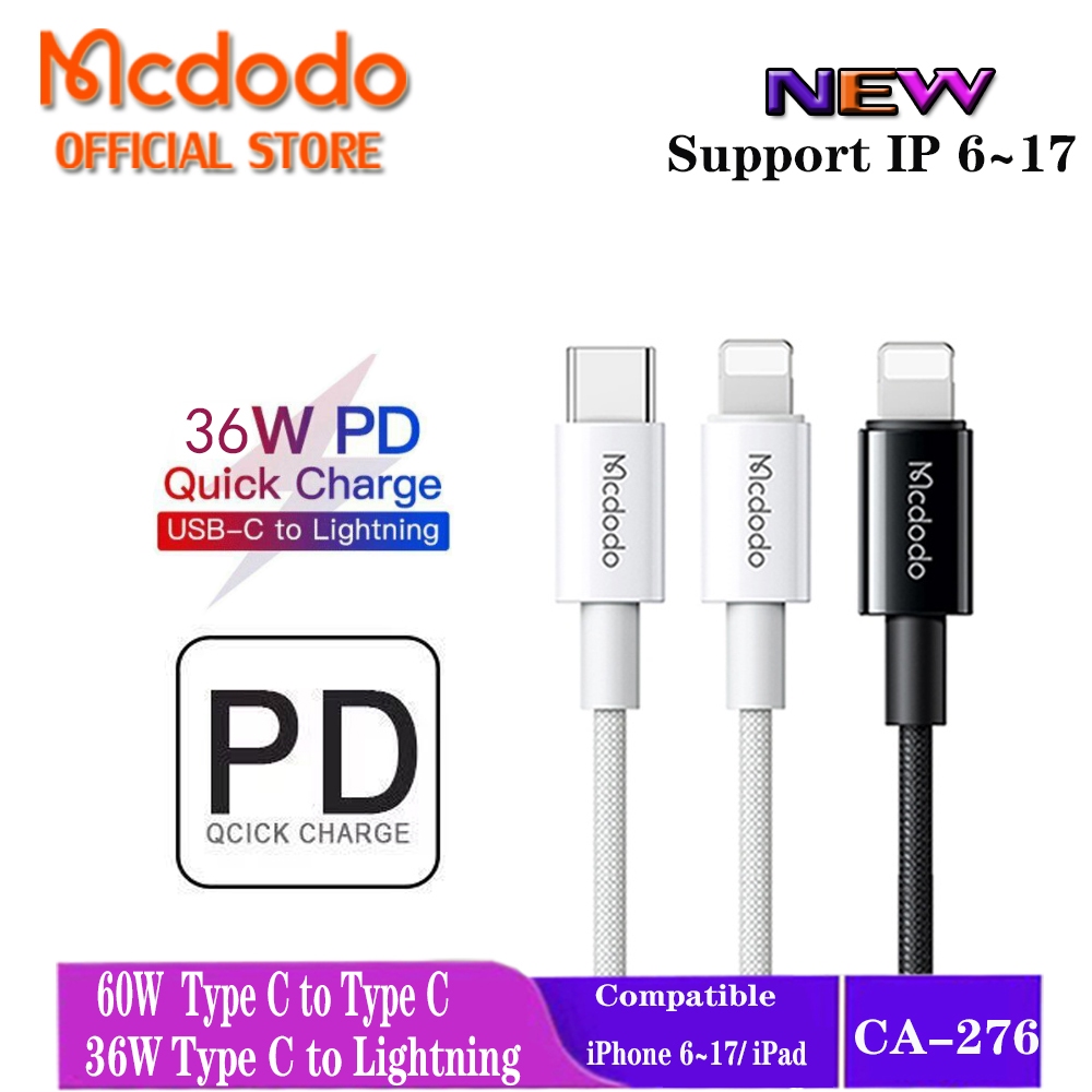 Mcdodo 60W/36W PD Type C To Lightning 3A Current Fast Charge สาย IOS ข้อมูลสําหรับ iP 17 16 15 14 13 12 11 Por Max XS XR 8 7 6 CA-277 276