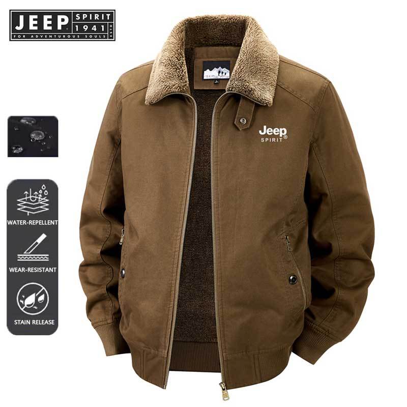 JEEP SPIRIT 1941 ESTD แจ็คเก็ตคอปกผ้าฝ้ายแท้ สไตล์ฤดูใบไม้ผลิและฤดูใบไม้ร่วง