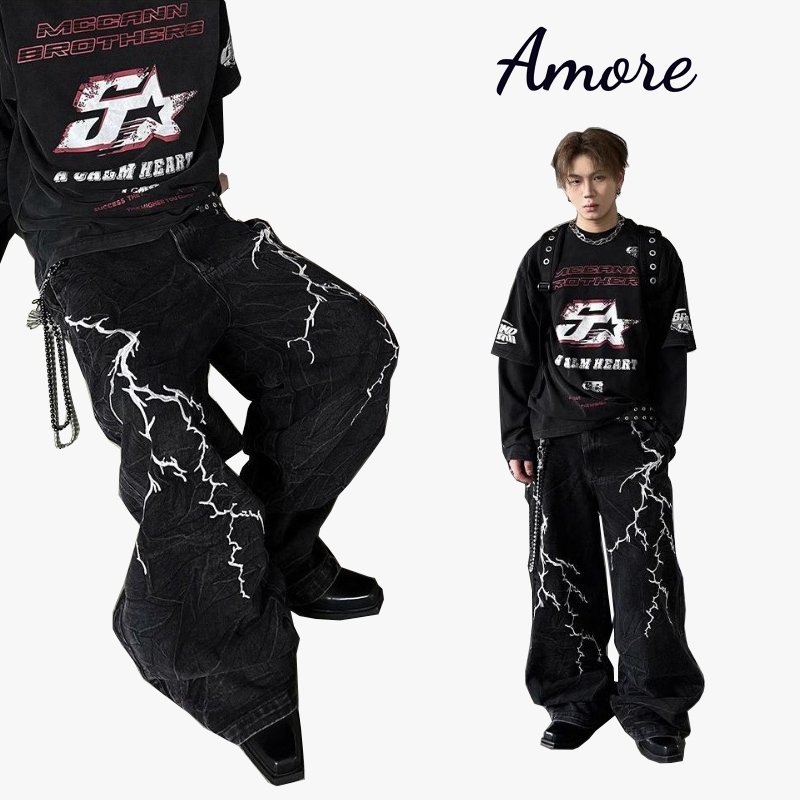 American high street กางเกงยีนส์ลําลองผู้ชายทรงหลวมพิมพ์ลายสายฟ้าปัก vibe กางเกงยีนส์สไตล์ฮิปฮอป