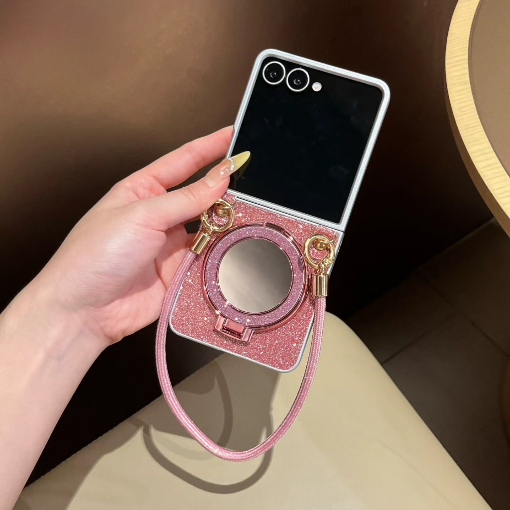 Silver Plating Glitter Hand Strap Samsung Z Flip34567 7FE เคสโทรศัพท์กระจกผู้ถือ FindN3Flip/N2Flip พับหน้าจอป้องกันกรณี