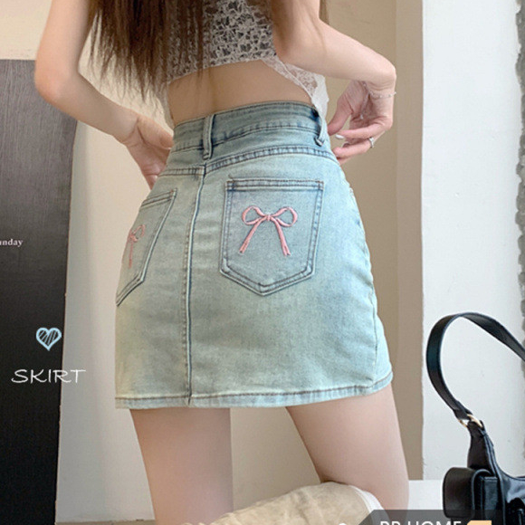 Laterme S-6XL กระโปรงยีนส์สั้น เอวสูง ผ้าไม่ยืด ยีนส์ทรงAสไตล์เกาหลี