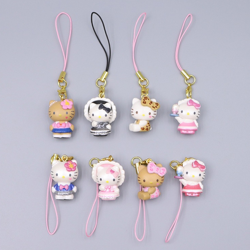8ชิ้น/เซ็ต3เซนติเมตรน่ารักอะนิเมะ น่ารัก สีดําผิว สวัสดี คิตตี้ โทรศัพท์มือถือเชือกตุ๊กตาของเล่นโทรศัพท์โซ่การ์ตูนกระเป๋าเป้สะพายหลังพวงกุญแจสาวของขวัญวัน