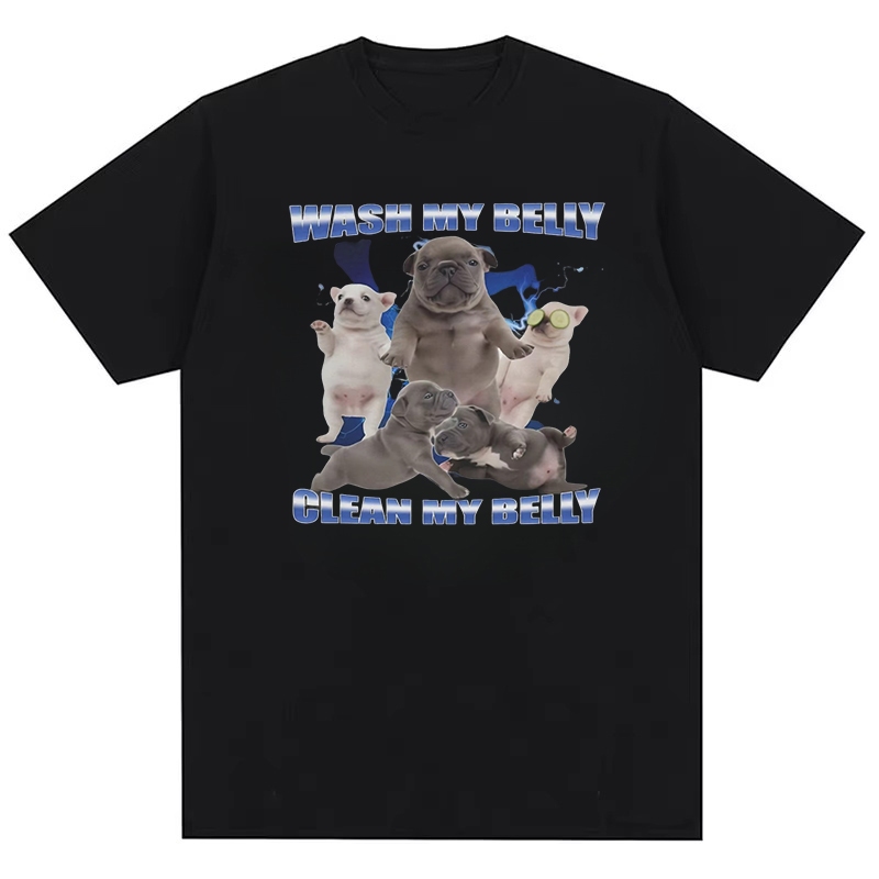 เสื้อยืดผ้าฝ้ายสำหรับทั้งชายและหญิง แบบลาย Pibble Meme และ Wash Me Belly