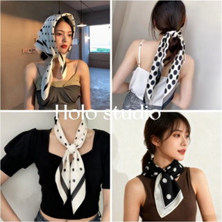 Halo studio พร้อมส่ง🔥ผ้าพันคอไหมลายจุดทรงสี่เหลี่ยมสไตล์เรโท…