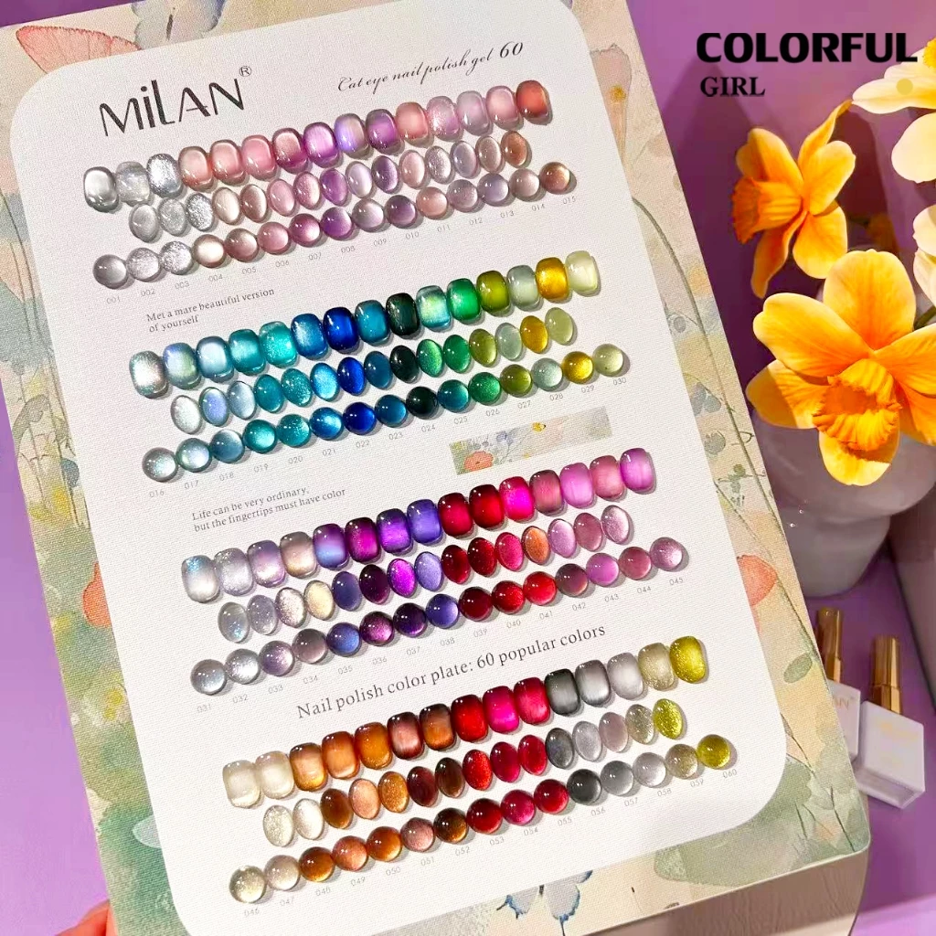 【พร้อมส่ง】MILAN 60 สี ✨ สีเจลแคทอายเนื้อซาติน + สีเจลแคทอายลูกแก้ว ครบเซ็ต 60 สวยแน่นชัด ติดทนนาน เงางามประกายหรูหรา เหมาะสำหรับร้านทำเล็บมืออาชีพและใช้ส่วนตัว แถมฟรีชาร์ท Cat Eye 60 สี (ทามาให้แล้ว พร้อมใช้งาน)
