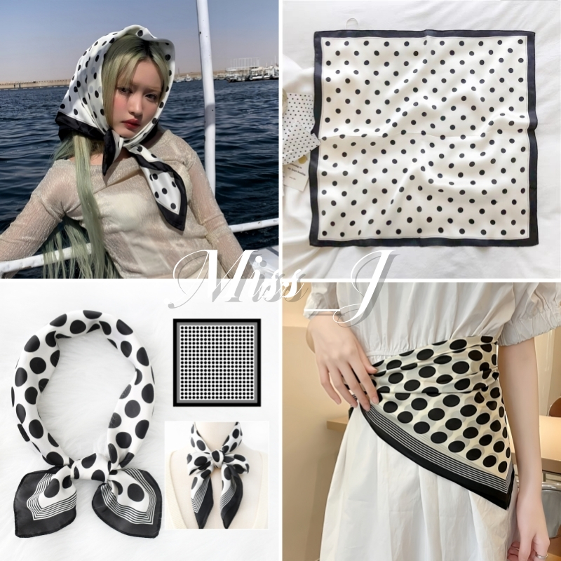 Miss_J พร้อมส่งจากกทม🎀Polkadot style ผ้าโพกผมลายจุดผ้าผูก ขนาด 70x70 cm. ผ้าพันคอลายจุด ผ้าพันคอออลแมตช์