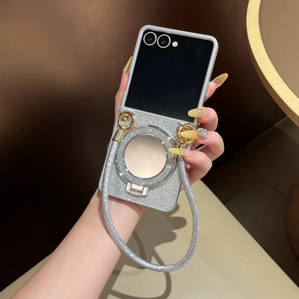 Silver Plating Glitter Hand Strap Samsung Z Flip34567 7FE เคสโทรศัพท์กระจกผู้ถือ FindN3Flip/N2Flip พับหน้าจอป้องกันกรณี - รูปที่ 2
