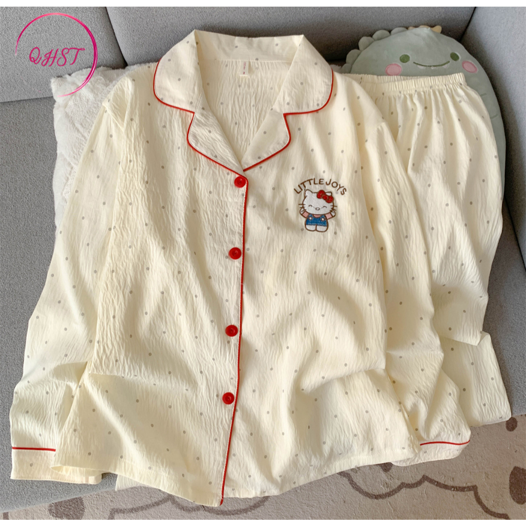 QHT ชุดนอนชุดหญิง Cloud Cotton Dot KT Cat กางเกงขายาวแขนยาวนําเข้า