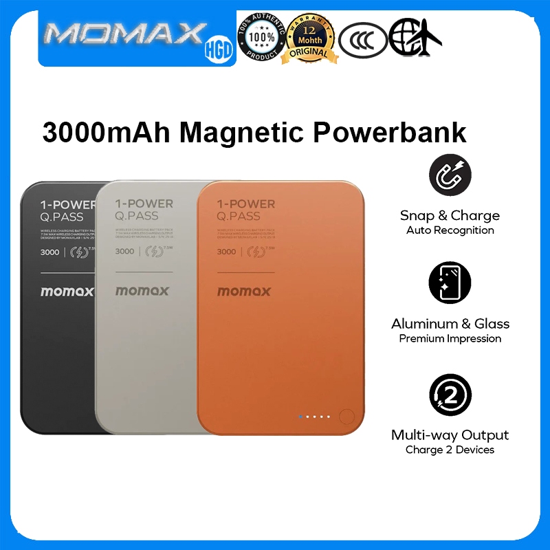 Momax 1-Power Q.Pass 3000mAh Magnetic Power bank Mini Fast Charging ชุดแบตเตอรี่