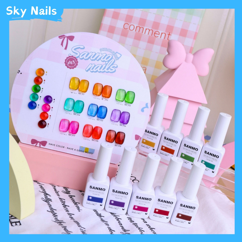 ชุดยาทาเล็บเจล SANMO 9 สี M3 สีเจลไซรัป สีลูกกวาด เจลโปร่งแสง หนึ่งขวดหนึ่งสี ฟรีกระดานสี