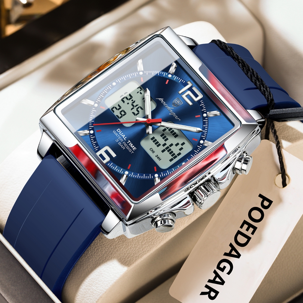 POEDAGAR LED ซิลิโคนผู้ชายนาฬิกา Original Dual Time Display Digital Luminous Square Man นาฬิกาอิเล็กทรอนิกส์ควอตซ์นาฬิกาผู้ชาย