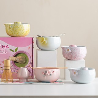 ชุดมัทฉะพิธีชงชา 6 ชิ้น - ชามเซรามิกลูกพลับวาดด้วยมือ, ขาตั้…