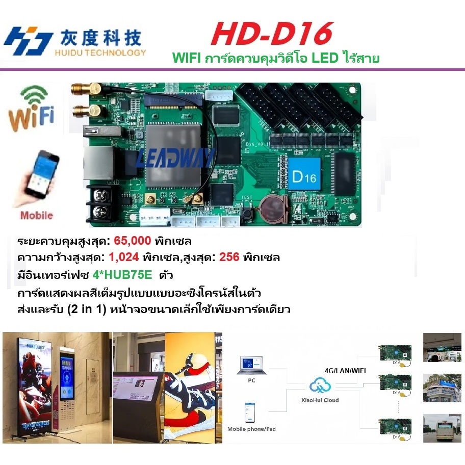 Huidu HD-D16 การ์ดควบคุมแผงหน้าจอ LED แบบติดผนัง WIFI/4G RGB สีเต็ม การ์ดควบคุมแผงหน้าจอ LED แบบติดผนังสำหรับแอปมือถือนาดเล็กและขนาดกลาง ระบบควบคุมแบบอะซิงโครนัสสำหรับวิดีโอวอลล์ LED การ์ดควบคุมหน้าจอ LED แบบ 2-in-1 สำหรับจอแสดงผล LED ตัวควบคุมแผง LED ส