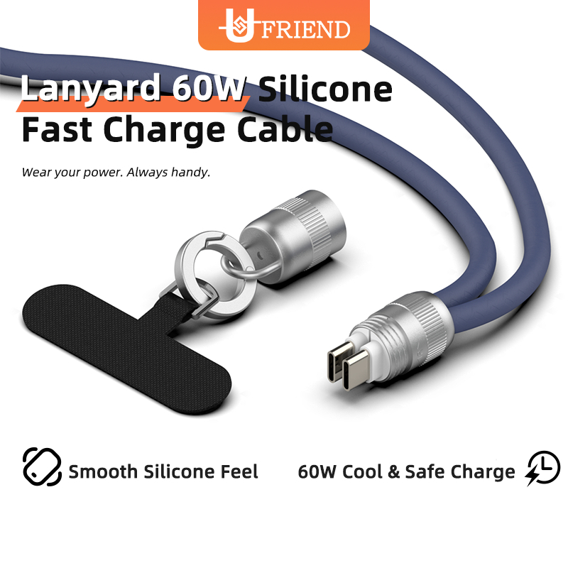 UFRIEND PD60W Type-C ถึง Type-C สายชาร์จเร็วสําหรับ Xiaomi Huawei 2-in-1 Lanyard สายวันที่พร้อมเชือกป้องกัน