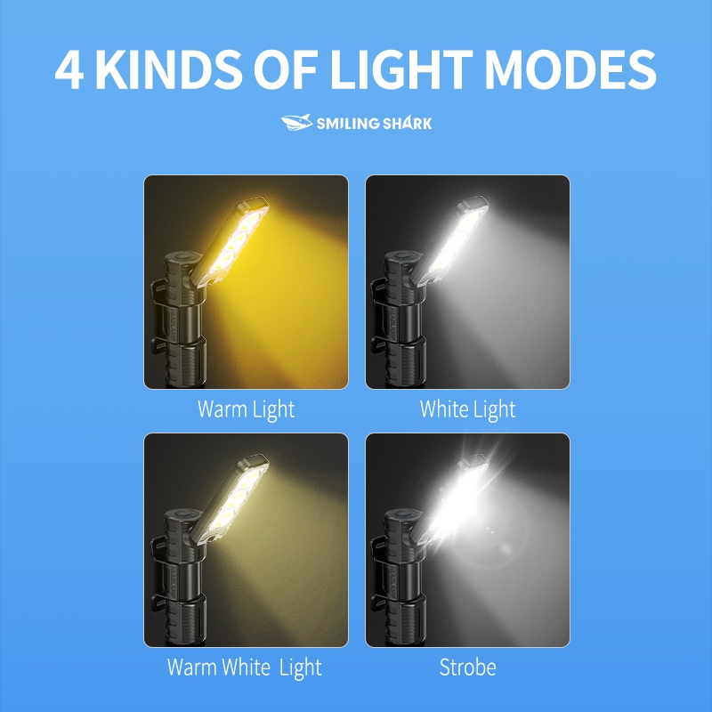Smiling Shark GZ5108 ไฟฉาย LED 4โหมด Type-c ชาร์จไฟหน้าทํางานสีขาวสีแดงสีเหลืองกันน้ําพับทํางานกลางแจ้ง Camping — صورة 6