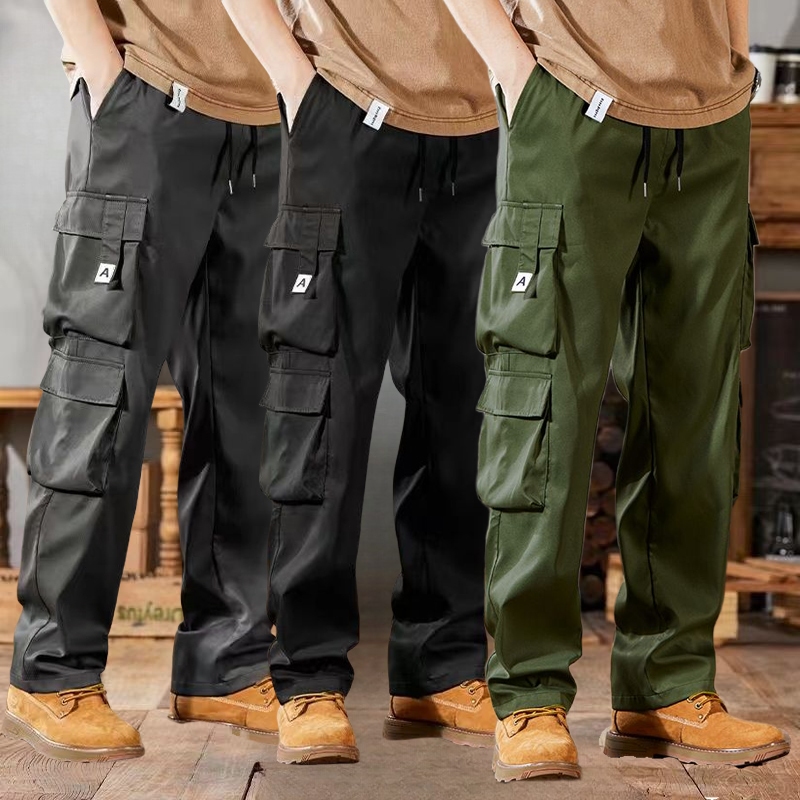 กางเกงคาโก้ผู้ชาย เอวยางยืด ขาตรง สไตล์ลำลอง เหมาะสำหรับการเดินป่ากลางแจ้ง เท่ เทรนด์