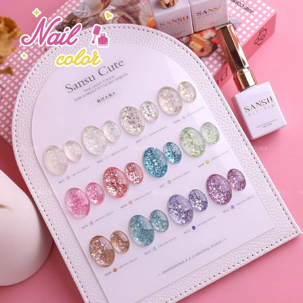 [พร้อมสต็อก] ซานซู12 สีชุดแต่งเล็บเลื่อมขนาดใหญ่ (ฟรีการ์ดสีหนัง) กาวเลื่อม กาวกากเพชร เนื้อไฮเอนด์ อิ่มตัวสูง