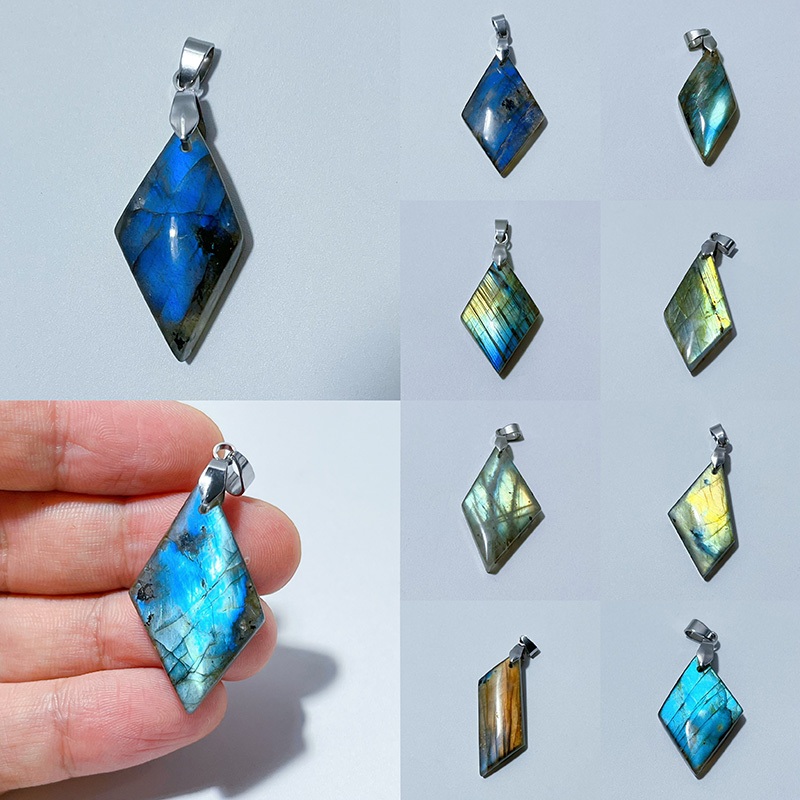 Labradorite ลาบราดอร์ สร้อยคอจี้รูปเพชรมูนสโตนธรรมชาติอัญมณีผู้หญิงเครื่องประดับของขวัญ