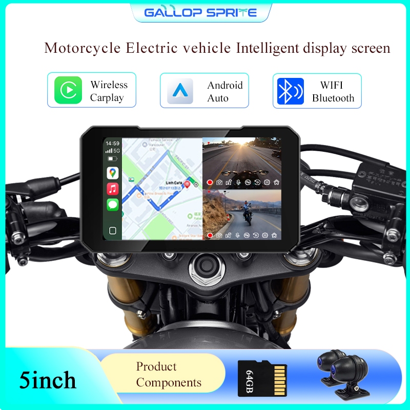 Gallop Sprite รถจักรยานยนต์ GPS นําทาง 5 นิ้วหน้าจอ GPS ไร้สาย CarPlay Android Auto แบบพกพาสมาร์ทเคร