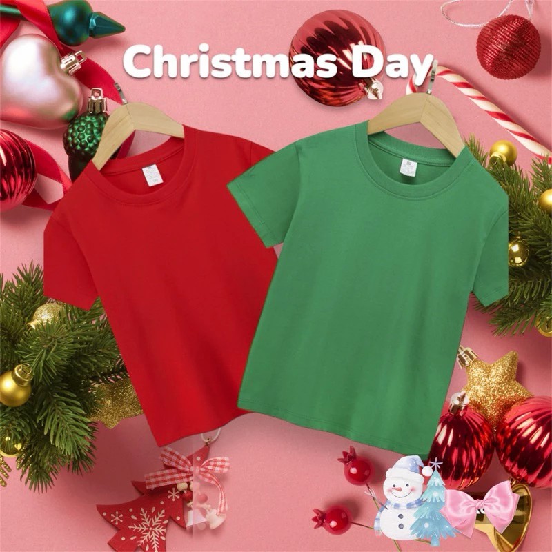 พร้อมส่งภายใน 24 ชม. 【ส่งถึงภายใน 2 วัน】🌲Christmas Day 💚❤️เสื้อยืดเด็กสีพื้น ผ้านิ่ม ใส่สบาย รับประก