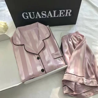 💎BraQueen💎ชุดนอนผ้าไหมน้ำแข็ง ชุดนอนซาติน แขนสั้น+กางเกงขาสั้น ชุดนอนแฟชั่นสไตล์เกาหลี