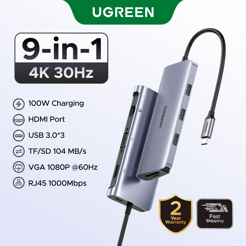 Ugreen อะแดปเตอร์ฮับ USB Type C 9 In 1 เป็น HDMI VGA การ์ดรีดเดอร์ RJ45 PD สําหรับ iPad pro MacBook Google Chromebook Pixel Samsung Galaxy Xiaomi pad 5 5 pro