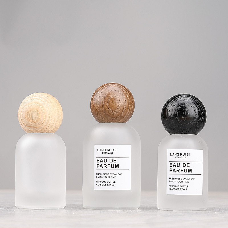 30/50ML Frosted Glass Spray Bottle Empty Perfume Dispenser Bottle with Dome Wood Cover Travel Portab
