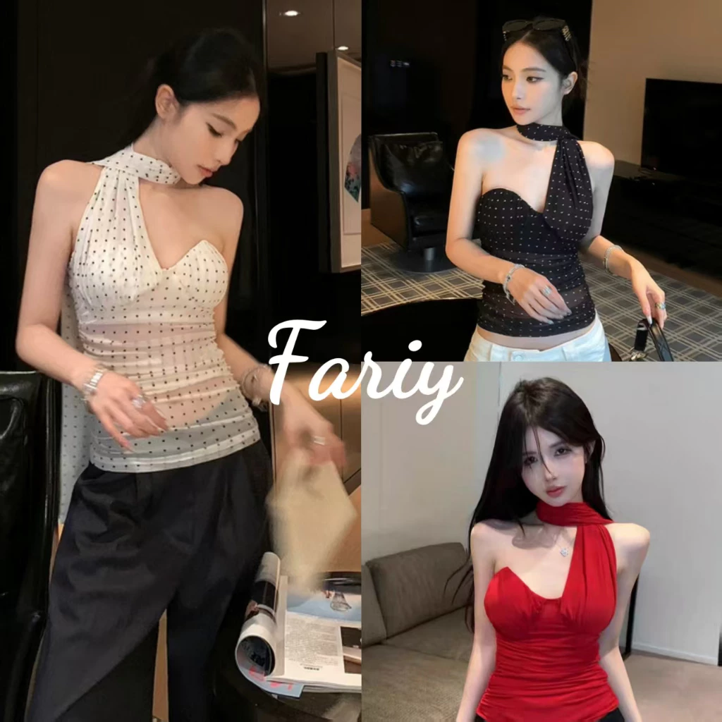 Fariy🍒คลังสินค้าพร้อม🍒 เสื้อกล้ามคอเชือกผูกตาข่ายลายจุดสีขาวสำหรับผู้หญิงในช่วงฤดูร้อน สาวๆ สุดเซ็กซี่ เสื้อชั้นในแบบเปิดหลังพร้อมแผ่นรองหน้าอก เสื้อตัวนอกสั้น