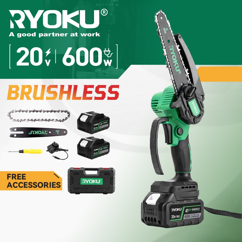 RYOKU เลื่อยไฟฟ้า 6 นิ้ว พร้อมแบตเตอรี่ 2 ก้อน 20V แบบพกพา