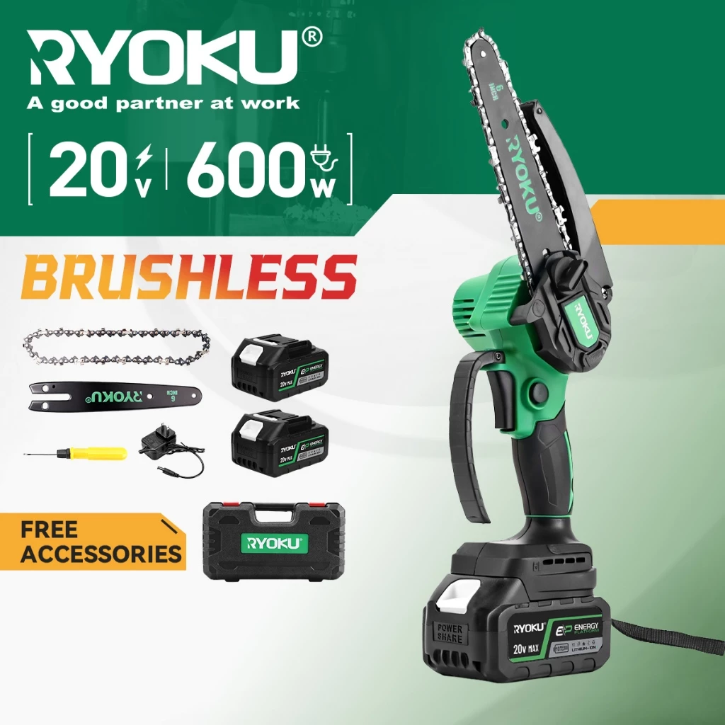 RYOKU เลื่อยไฟฟ้า 6 นิ้ว พร้อมแบตเตอรี่ 2 ก้อน 20V แบบพกพา