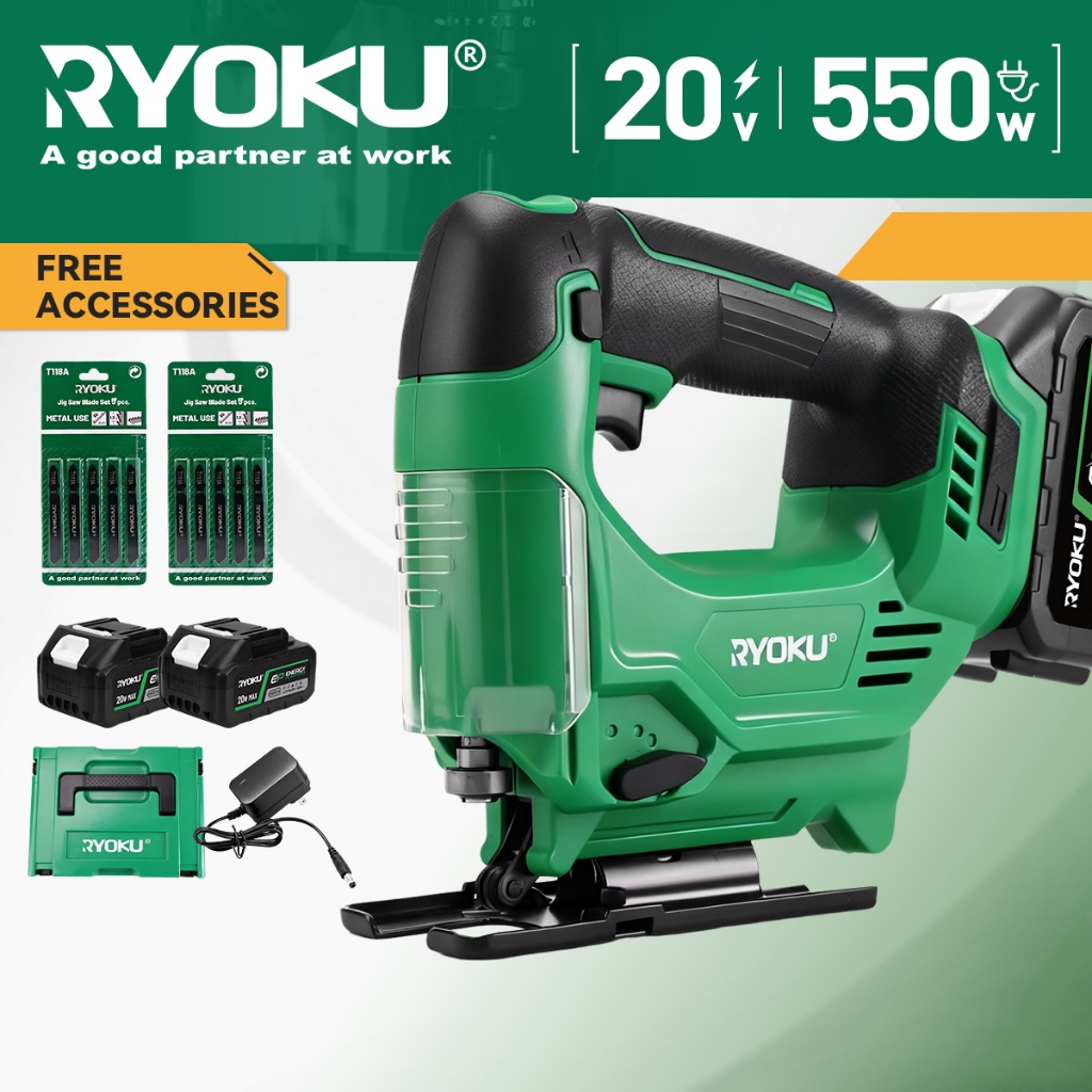 RYOKU 500W จิ๊กซอว์ไร้สายไฟฟ้าอุตสาหกรรม Jig saw เครื่องมือไฟฟ้า 10 ชิ้นใบเลื่อยสําหรับตัดไม้