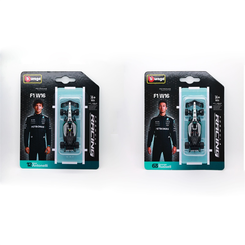 Bburago 1:64 F1 W16 E Performance (2025 Australian GP) ( 12 Andrea Kimi Antonelli/ 63 George Russell) (หมวกกันน็อค W/O) สีเงิน/แบนสีดํารถโมเดลDiecast
