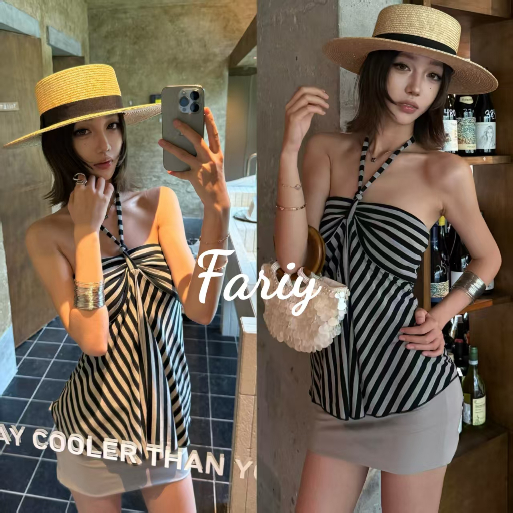 Fariy🍒คลังสินค้าพร้อม🍒 เสื้อกล้ามคอวีแขนกุดลายทางสุดเซ็กซี่ หวานและเผ็ดร้อน ดีไซน์ฤดูร้อนสำหรับวันหยุด