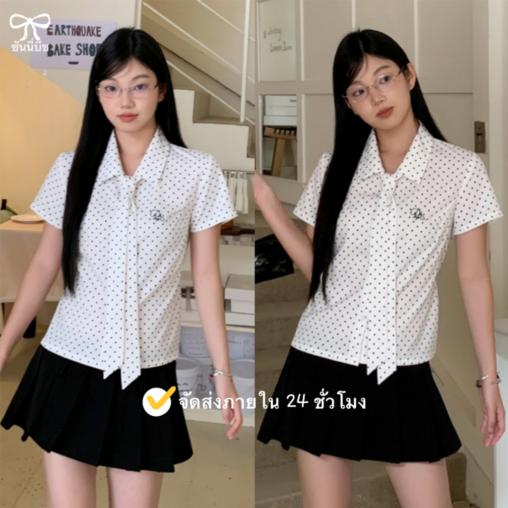 ⚪ส่งไวจากไทย⚫เสื้อเชิ้ตแขนสั้น แนวโน้ม Sweet Polka Dot ดีเทลปัก สไตล์หวาน แฟชั่นเกาหลี น่ารัก S-2XL