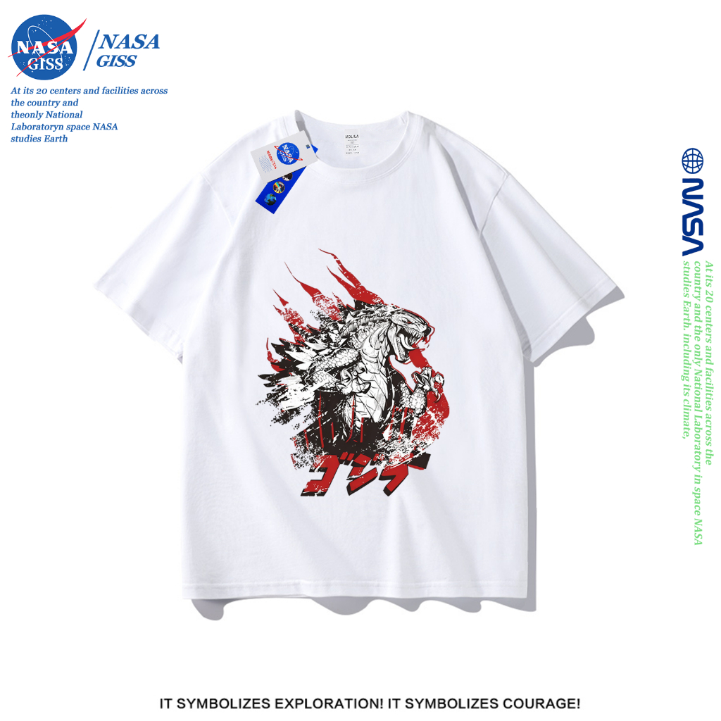 NASA เสื้อยืดชายหญิงแขนสั้น สตรีทฮิปฮอป summer Godzilla พิมพ์ลาย คอตตอน คอกลม หลวมและระบายอากาศ