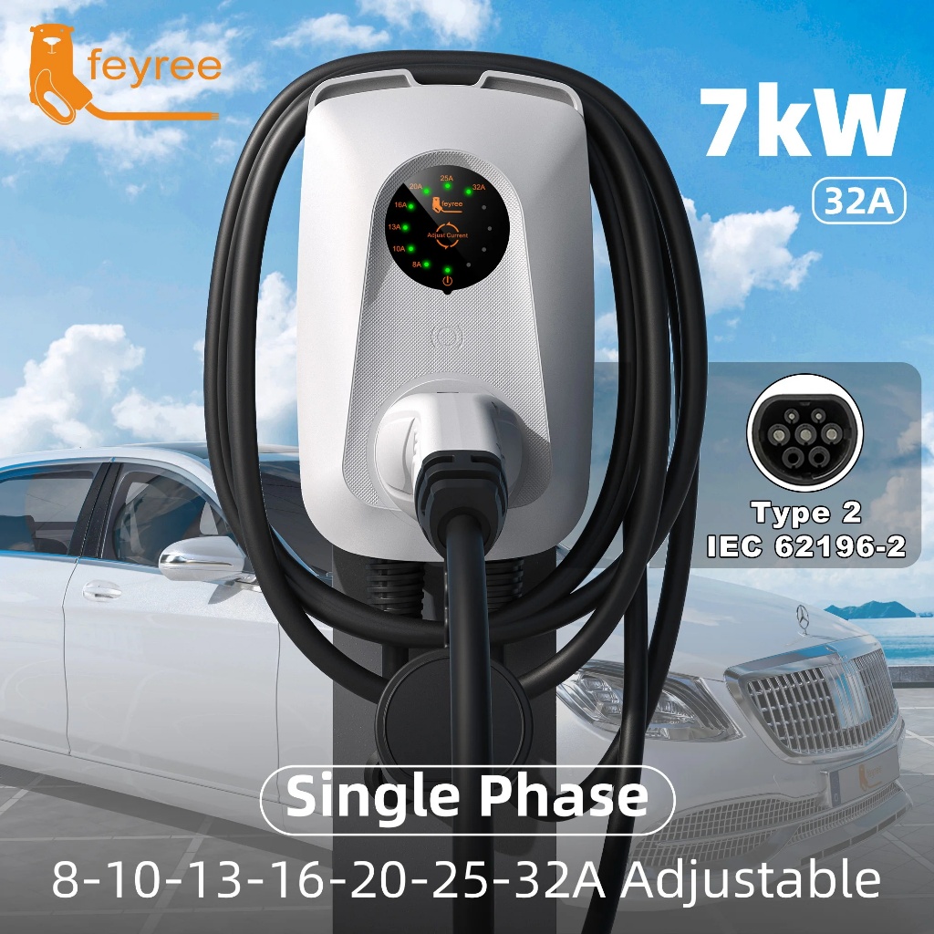 Feyree 7KW EV Charger Type2 32A ปรับปัจจุบัน Fast CHARGING Wall-Mounted EV สถานีชาร์จ